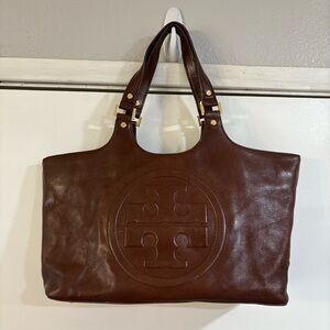 Tory Burch Bombe Large Logo Leather Tote Espresso Brown Chocolate Mocha Vintage
